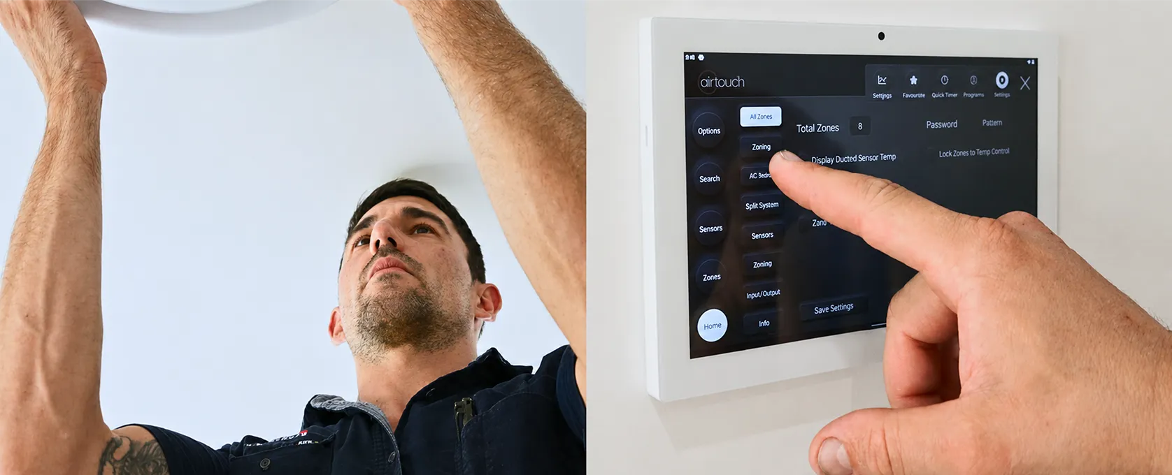 Technician servicing air conditioning system and smart controller