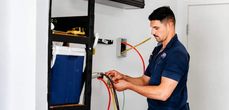 Electrician connecting electrical wiring inside residential property