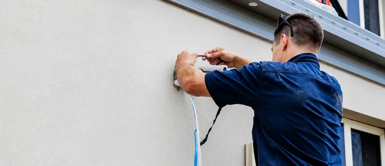 Electrician performing exterior electrical installation on residential property
