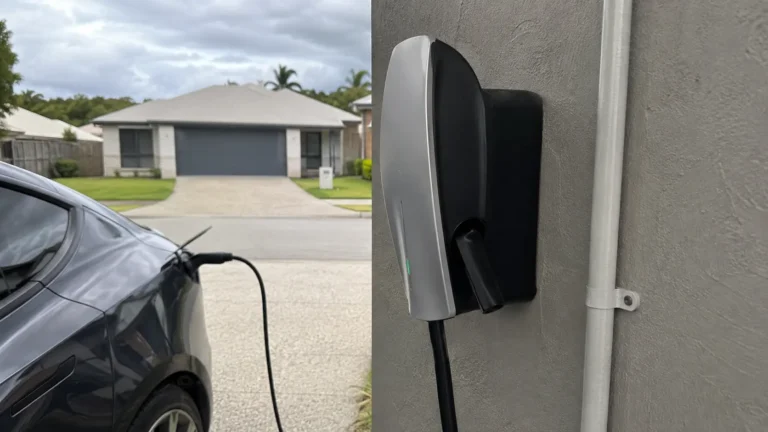 Home EV charger installation charging an electric vehicle in a suburban Queensland driveway