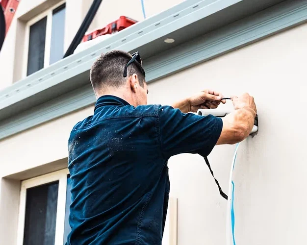 BRIX Electrical & Air technician installing split system air conditioner pipework on an outside wall