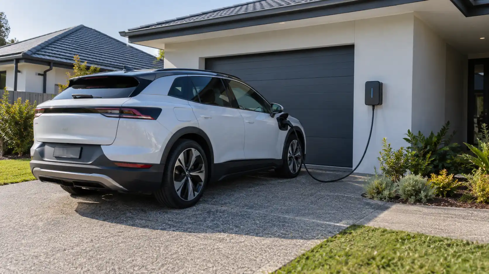 Electric SUV charging from a wall-mounted home EV charger at a residential property in Ipswich