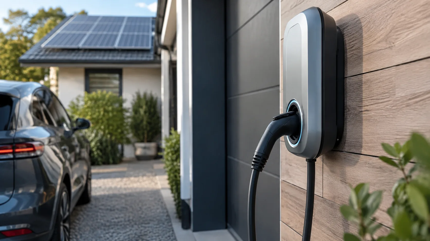 Wall-mounted home EV charger beside an electric vehicle and solar-powered residential property in Ipswich
