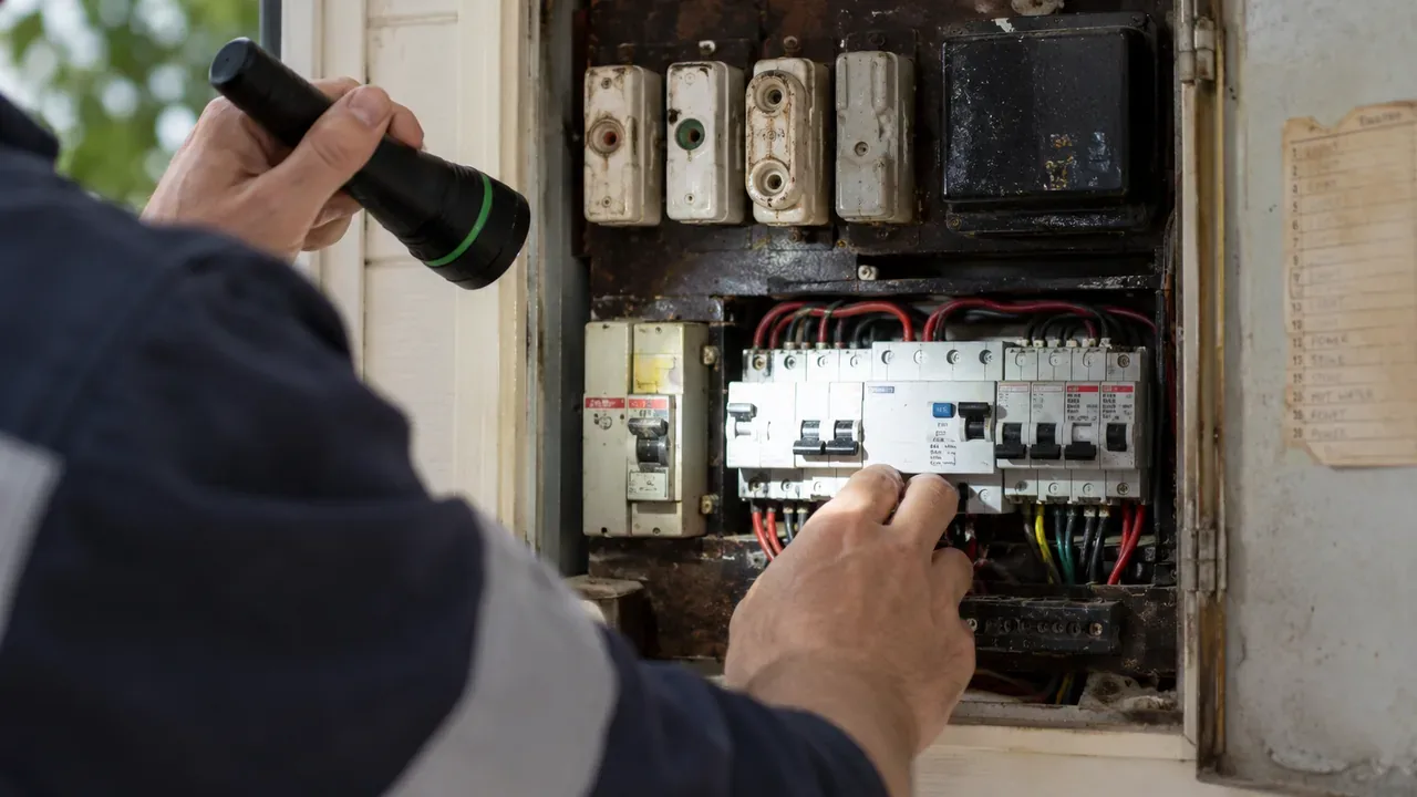 Electrician inspecting an older switchboard with ceramic fuses and safety switch components during a BRIX Electrical & Air safety check.