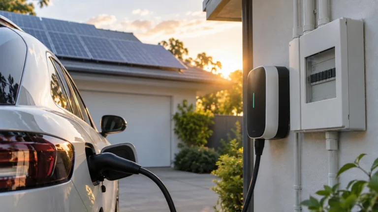 Home solar EV charger installed beside a residential switchboard in Brisbane with an electric vehicle charging in the driveway