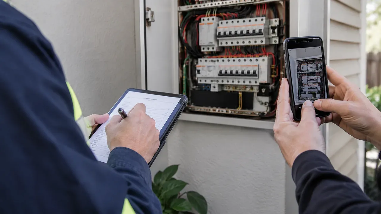 Electrician documenting a residential switchboard with a phone and checklist for a BRIX Electrical & Air safety switch installation quote.